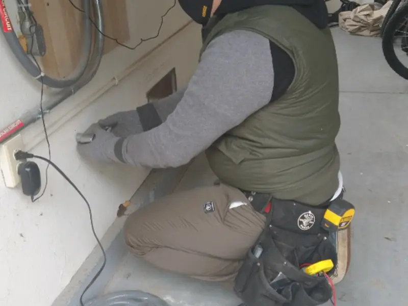 Electrician performing outlet wiring in a Ellwood City garage